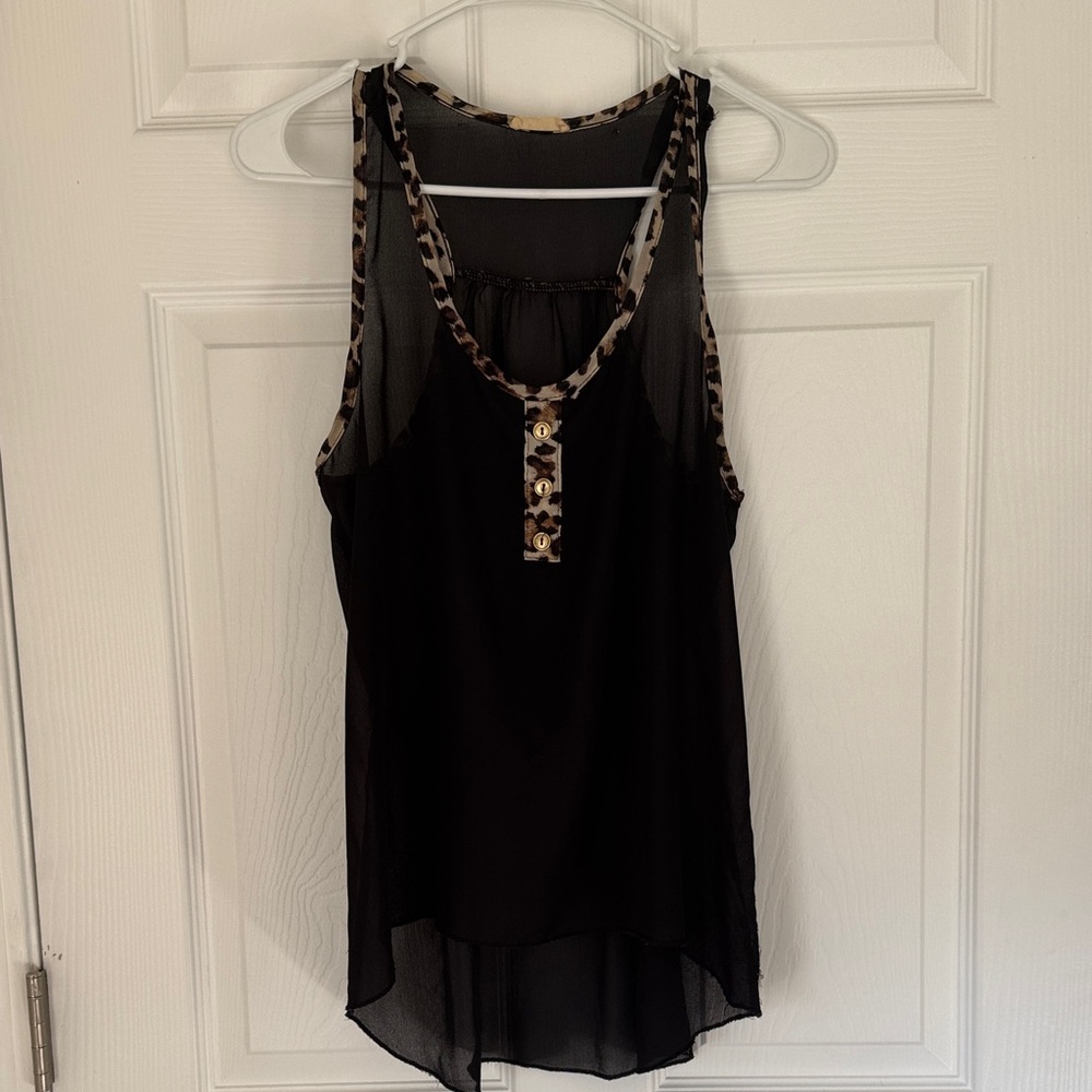 Black Tank Top with Leopard Accents